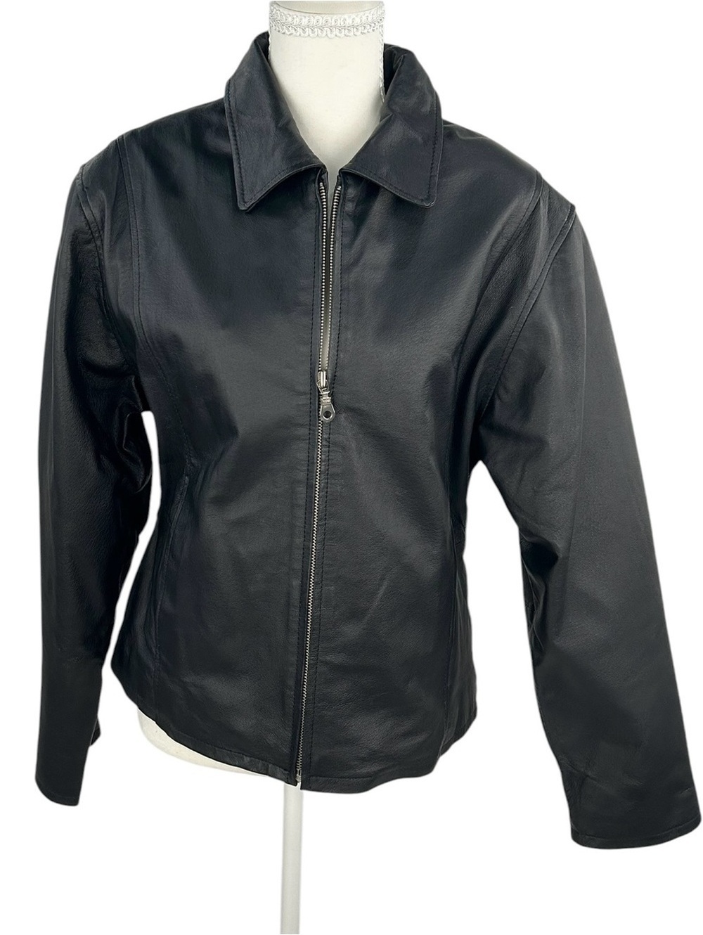 KC Collections Black Leather Jacket M Minimalist Zip Front Quiet Luxury